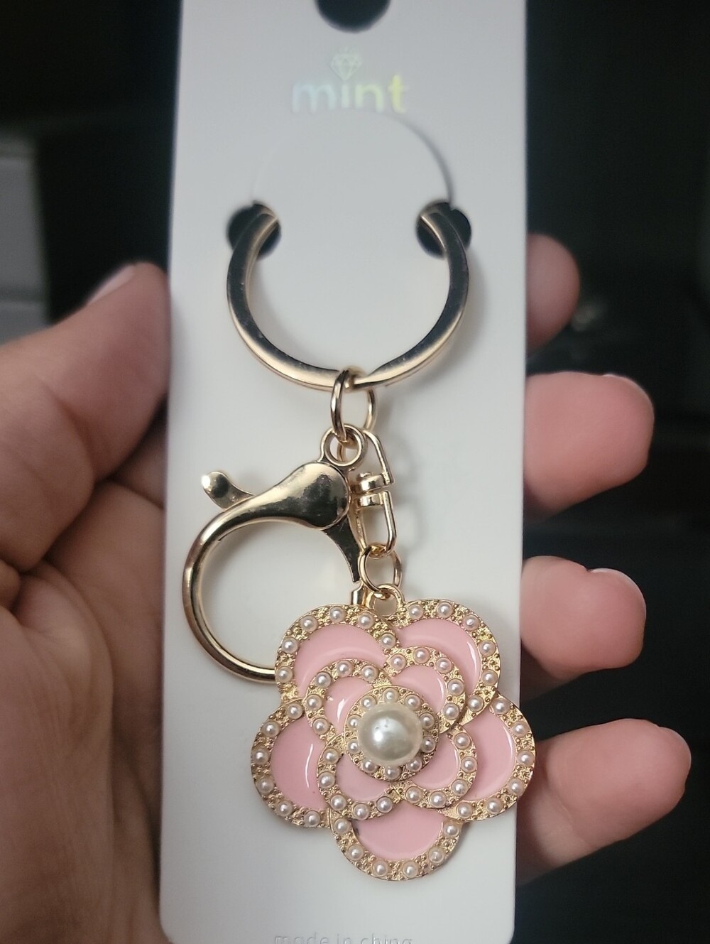 Mint Gold-Tone Pink Floral Pearl Key & Card Holder Charm
